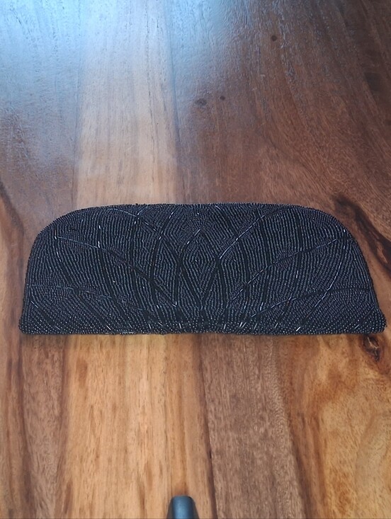 No Brand Handbags - VTG 1980s to Early 2000s Black Beaded Envelope Clutch Evening Bag Fan Pattern